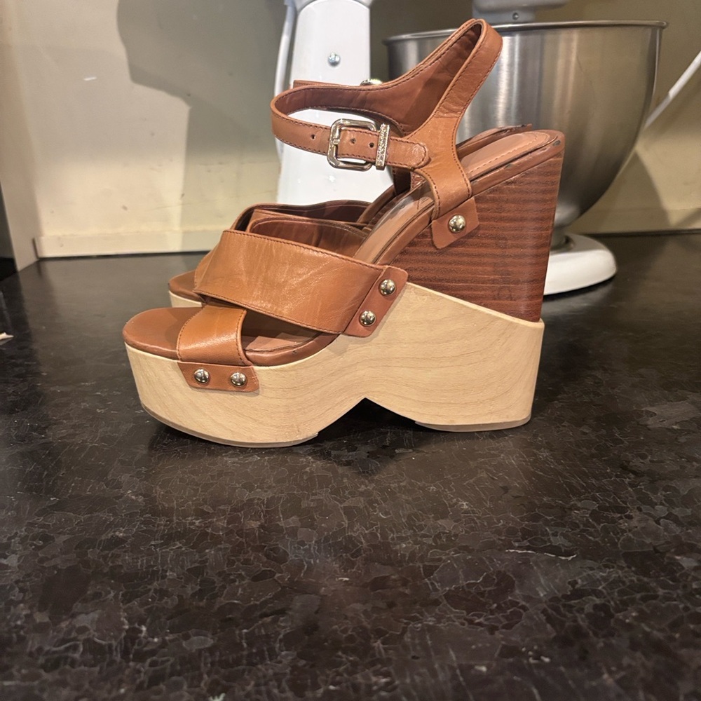 Gianni Bini Tan and Cream Wedge Sandals